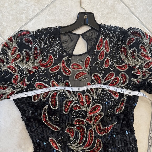VTG 90s‎ Niteline Dress Women Sz 6 Black Silk All Sequin Floral Beaded Maxi Gown - Picture 12 of 14